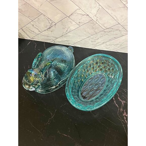 Teal Iridescent Glass Bunny Covered Dish – Hen on Nest Style - Picture 5 of 6